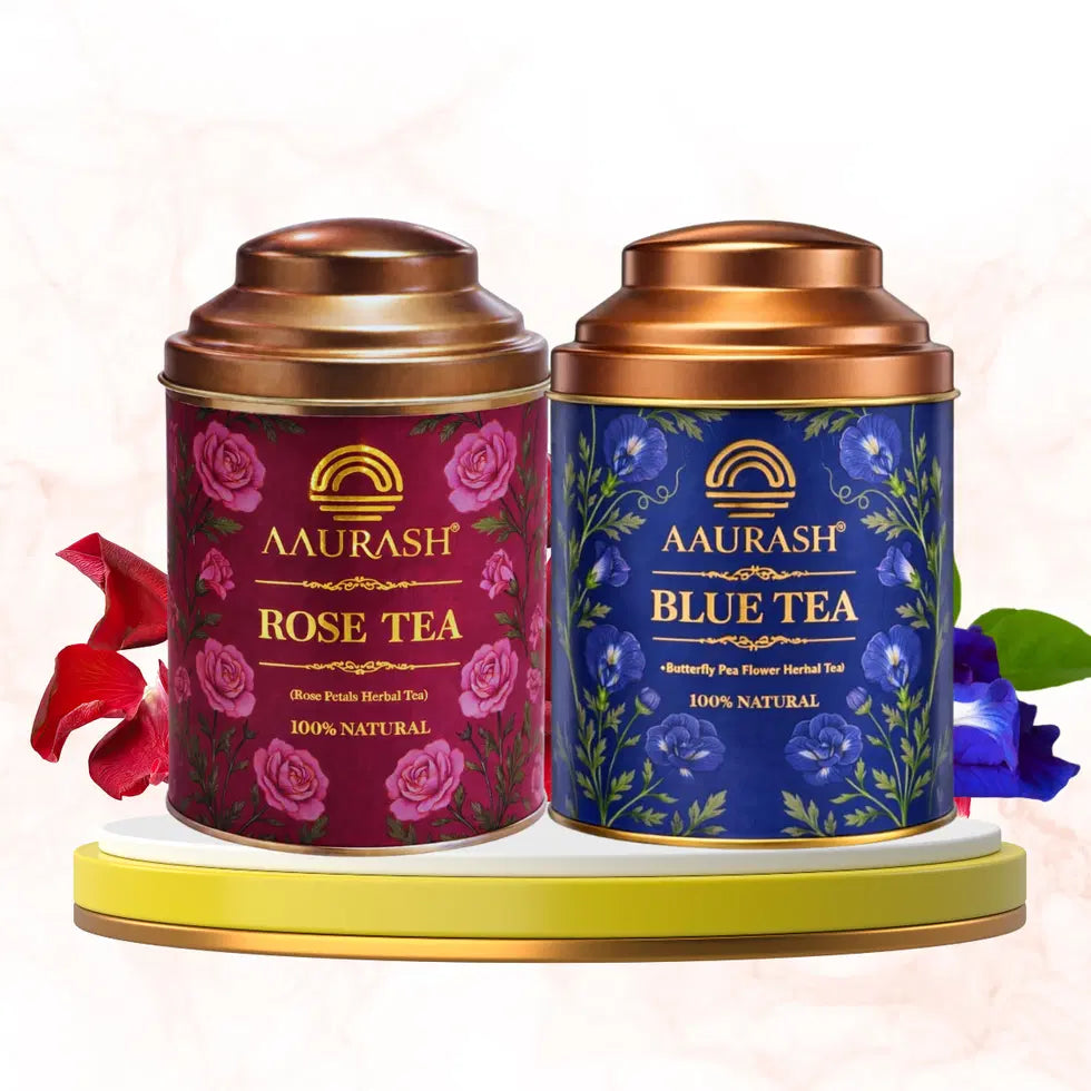 Aaurash Rose Tea & Blue Tea Combo | Natural Flower Tea | Supports Relaxation, Skin Glow & Detox | Caffeine-Free Herbal Tea