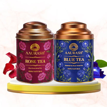 Aaurash Rose Tea & Blue Tea Combo | Natural Flower Tea | Supports Relaxation, Skin Glow & Detox | Caffeine-Free Herbal Tea