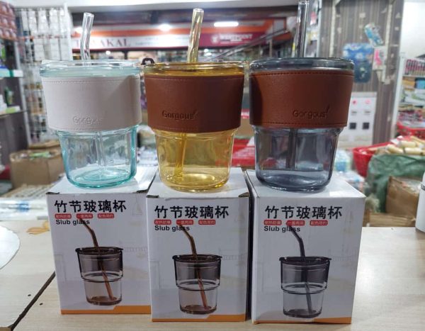 Coffee Cup Glass Mug With Lid And Straw (450ml) (random Color)