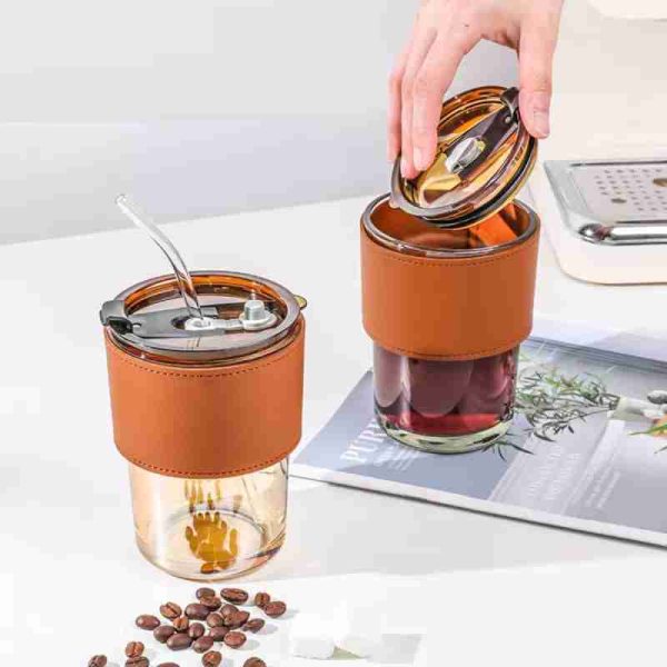 Coffee Cup Glass Mug With Lid And Straw (450ml) (random Color)